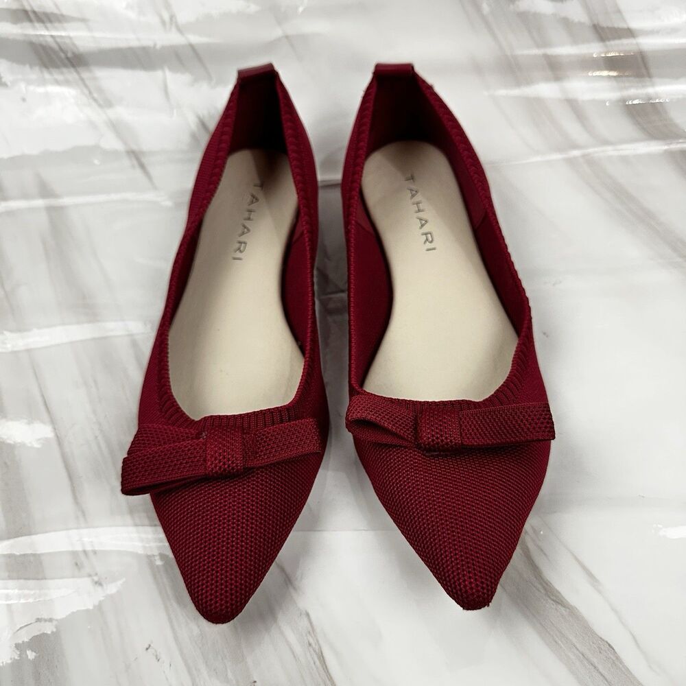 TAHARI “Athens” Women’s Sz 10 Ballet Flat Shoes Red Bow Textured Woven Comfort